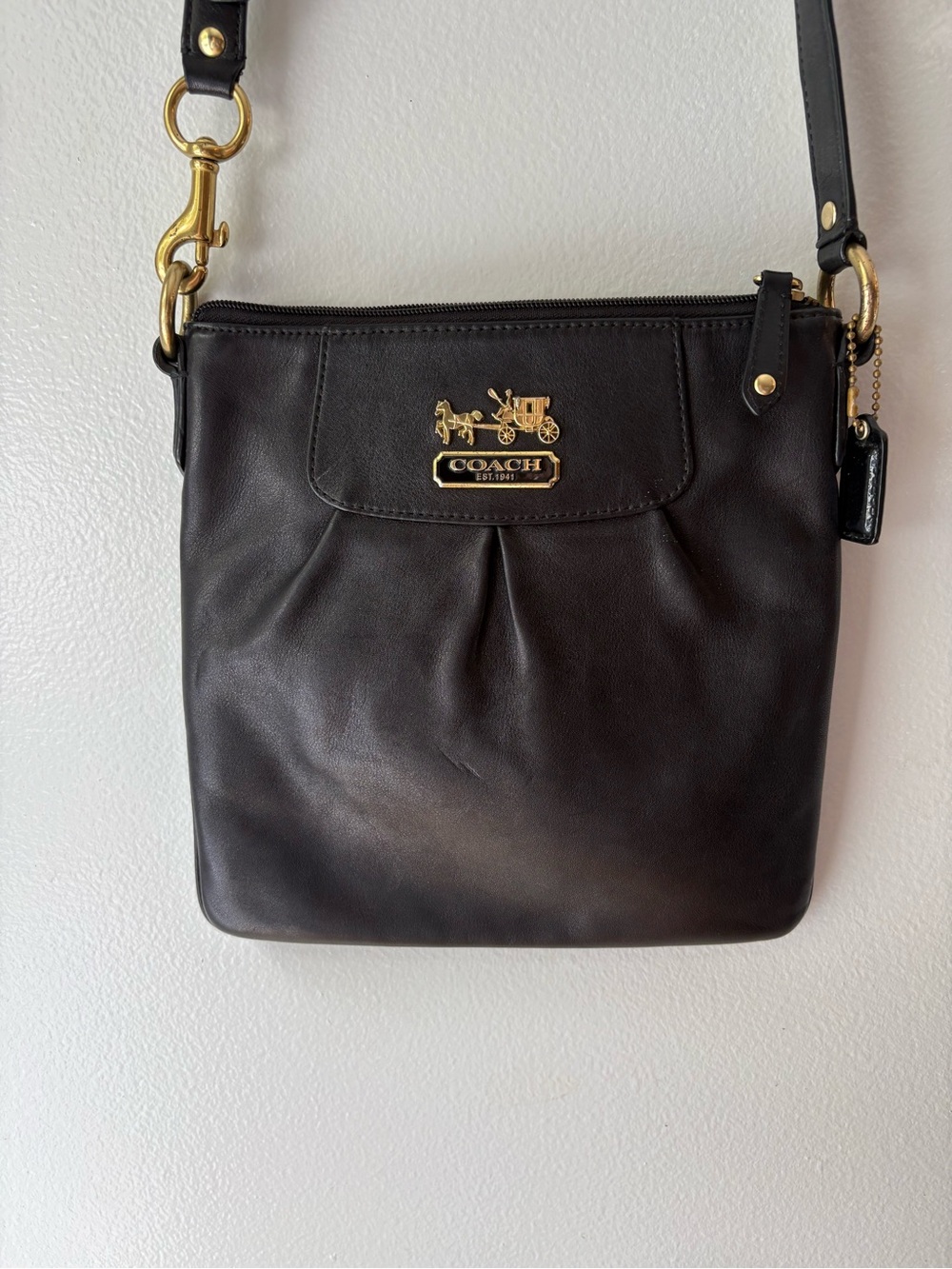 Coach Black Leather Messenger with Gold-Tone Logo 9x9”